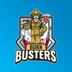 Vector Illustration Fire Fighter Wearing Glasses Carrying Axe with BURN BUSTERS text Esport Logo