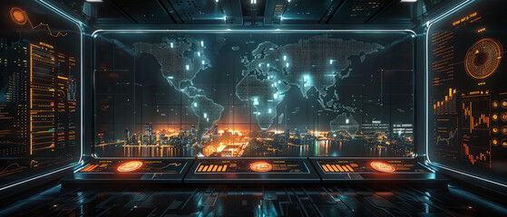 Futuristic control room with a vast digital world map illuminated on a large screen, displaying various data points and digital interfaces around the globe. - obrazy, fototapety, plakaty