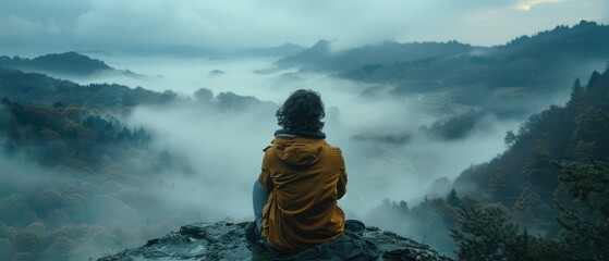 Lone person overlooking a vast foggy mountain landscape at dawn - obrazy, fototapety, plakaty