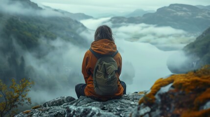 Lone person overlooking a vast foggy mountain landscape at dawn