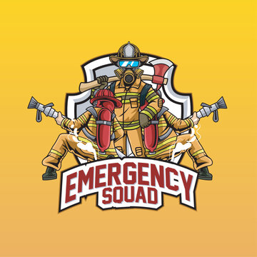 Vector Illustration Fire Fighter Wearing Mask and Glasses Carrying Axe with Two Fire Fighter Carrying a Fire Hose and EMERGENCY SQUAD text Esport Logo