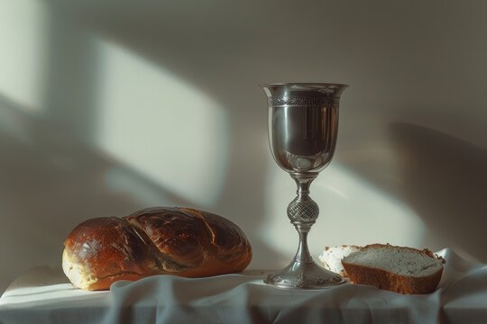 Still life depicting the Easter Communion chalice with bread and wine