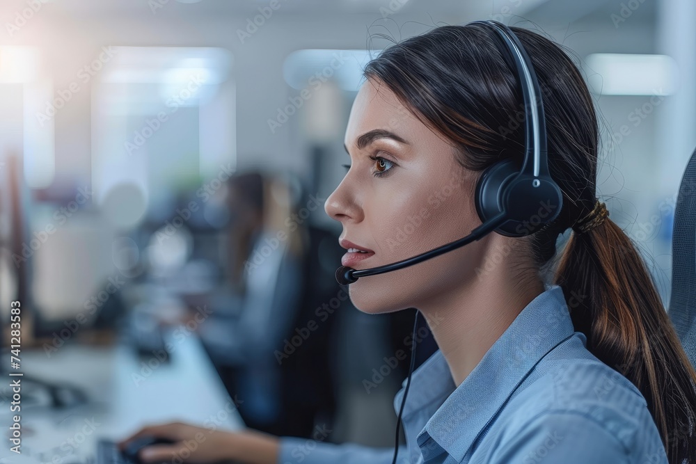 Poster an agent in a call center showing great care for her customers.