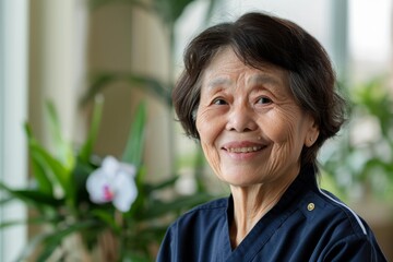 Taking care of elderly. Asian caregiver smiling. - obrazy, fototapety, plakaty