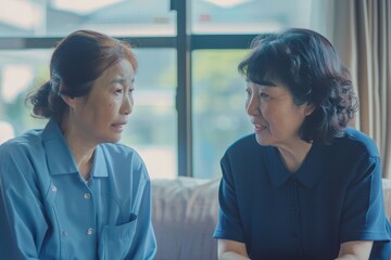 Room with Asian caregiver and senior woman