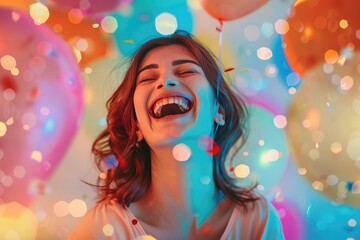 woman laughing, surrounded by vibrant balloons and confetti, April Fools Day, birthday, holiday