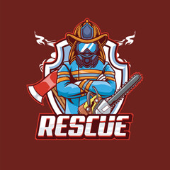 Vector Illustration Fire Fighter Wearing Mask and Glasses with Axe and Chainsaw and RESCUE text Esport Logo