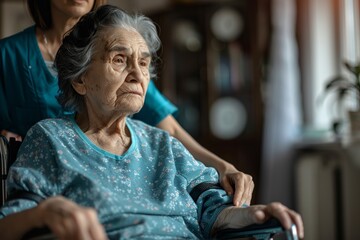 An elderly woman in a wheelchair looking worried while a female nurse holds her hand for support in her home during the day.
