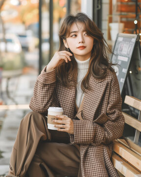 a young beautiful chinese women sitting on a bench holding a coffee