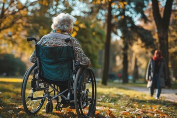 An elderly woman with a caregiver is in a wheelchair