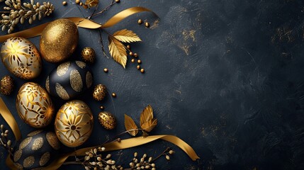 Easter eggs, leaves, ribbons and branches, spring flat lay with place for text in unusual deep black and gold colors, AI generated