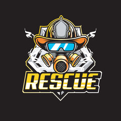 Vector Illustration Fire Fighter Head wearing Mask and Glasses with RESCUE text Esport Logo