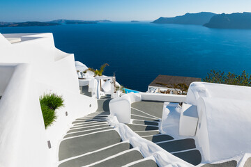 White architecture in Santorini island, Greece. Luxury hotel with sea view.