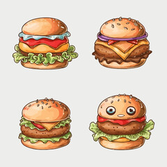 Hand-drawn burger set of vector funny cartoon illustration