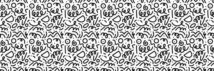 Doodle seamless pattern. Fun black line background. 90s kids background. Funny modern childish drawings. Wallpaper and wrapping design. Banner backdrop. Simple party confetti, vector illustration - obrazy, fototapety, plakaty