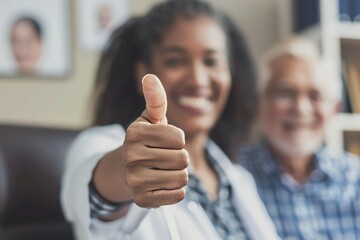 Picture of smiling mature female patient giving thumbs up in doctor's office, lady therapist and elderly man sitting in doctor's office, old client satisfied with healthcare insurance or healthcare