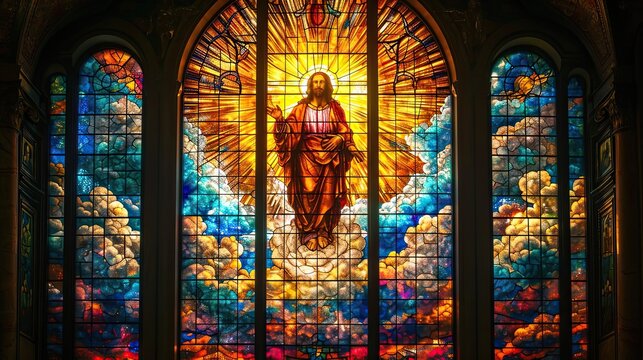 Large stained glass window in the old cathedral, multi-colored stained glass with the image of Jesus Christ, Easter religious story, AI generated