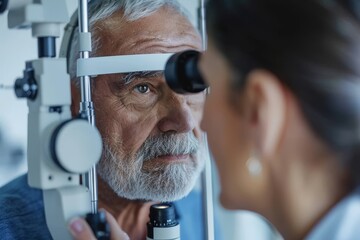 The eyes of a man patient are tested by an optometrist or doctor in a clinic. Hospital or medical consultation with a female eyesight specialist and senior male.