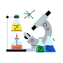 Laboratory equipment. Lab glassware. Chemical reagents in glass bottles and rest tubes and flasks. Medical scientific research tools. Doodle drawing. Vector cartoon flat isolated illustration