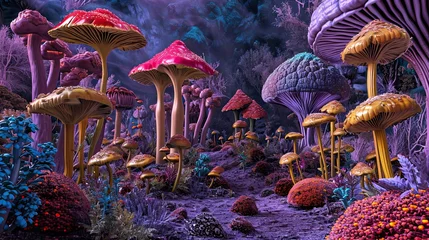 Fotobehang psychedelic trippy wonderland landscape with giant mystical mushrooms, flowers, butterflies, fantasy bright neon illustration, AI generated © Maria Zamchiy 