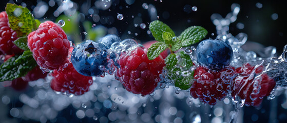 Fresh berries with splashing water and droplets. Vibrant raspberries and blueberries with green mint leaves against a dark background, reflecting a sense of freshness and purity. - obrazy, fototapety, plakaty