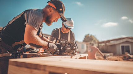 Craftsman and carpenter working at construction site of new house. AI Generated. - obrazy, fototapety, plakaty