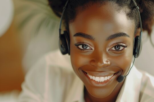 Black woman, call center and portrait with headphones for consulting, telemarketing, or working remotely at home. Image of black, happy African woman, consultant, or agent, using a headset for online
