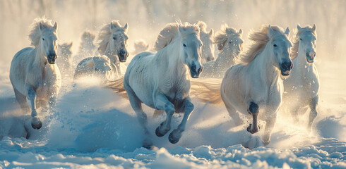 white horses running in a gray white snowy environment - obrazy, fototapety, plakaty