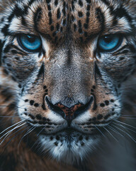 a snow leopard with blue eyes, in the style of photosurrealist photorealism