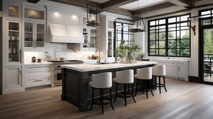 beautiful kitchen interior with white marble and granite white glass front cabinets eating counter bar stools appliances hardwood floors wooden beams wrought iron light fixtures spacious and lived in