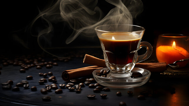 Coffee business concept, banner for coffee lovers or coffee shop. A cup of steaming hot espresso on a dark background isolated.