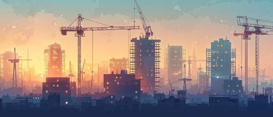 Illustration of a city skyline during sunset with multiple construction cranes and developing skyscrapers, depicting urban growth and real estate development in a bustling city atmosphere.