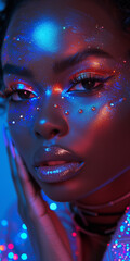 Grandioses Make up einer afroamerikanischen Frau in fantastischem Glitzer und Neon Farben für Poster als Nahaufnahme, ai generativ