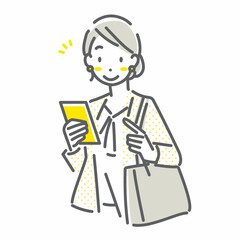 スマホを使う通勤中の女性　シンプルでお洒落な線画イラスト