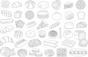 Hand drawn set of bakery bread pastry Collection with croissant and bagel, cinnamon roll and macarons with doughnut in doodle style