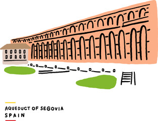 The Aqueduct of Segovia is a Roman aqueduct Landmark tourist destination Hand drawn Colour Illustration
