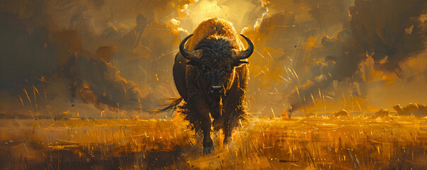 an oil painting of a buffalo in the field, in the style of photo-realistic landscapes - obrazy, fototapety, plakaty