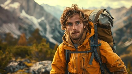 Obraz premium Male hiker looking at mountainous landscape