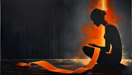 Silhouette of a pensive woman with an orange ribbon. Self-Injury Awareness Day concept