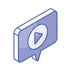 Video play button with chat bubble showing concept isometric icon of video marketing