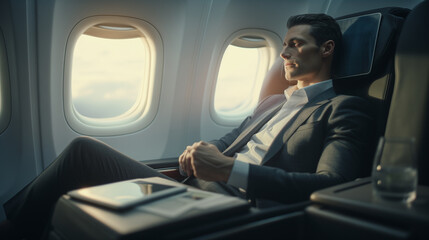 successful businessman in a business class flight, luxury lifestyle of rich businessman, successful business life concept