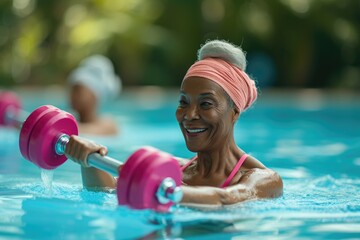 Senior ladies engage in water aerobics. Generative Ai.