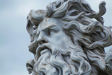A detailed photograph of Poseidon's majestic beard and flowing hair, billowing in the wind like ocean waves, photo
