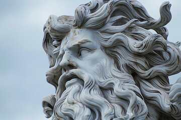 A detailed photograph of Poseidon's majestic beard and flowing hair, billowing in the wind like ocean waves, photo