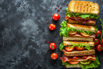 Sandwich with ham, cheese and fresh vegetables on a black background. Side view, horizontal. Big sandwich on black background with copy space.