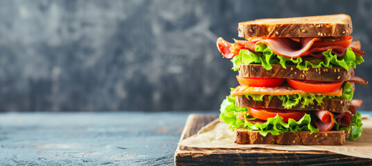 Sandwich with ham, cheese and fresh vegetables on a black background. Side view, horizontal. Big sandwich on black background with copy space. - obrazy, fototapety, plakaty