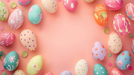 Fototapeta na wymiar Pastel Easter Parade: A Medley of Painted Eggs on a Blush Background