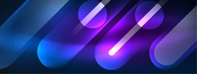Abstract design pulsates with neon glowing light effects, casting an entrancing glow in the darkness, captivating the eye with its vibrant energy. Glass circles neon glowing light effects