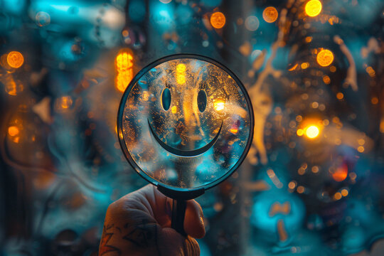 business man holding a smiling smiley face magnifying glass