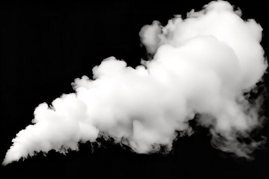 A high-contrast monochrome image featuring a white cloud with cotton-like texture against a deep black background. The cloud's fluffy edges and dense center provide a dynamic and almost surreal visual